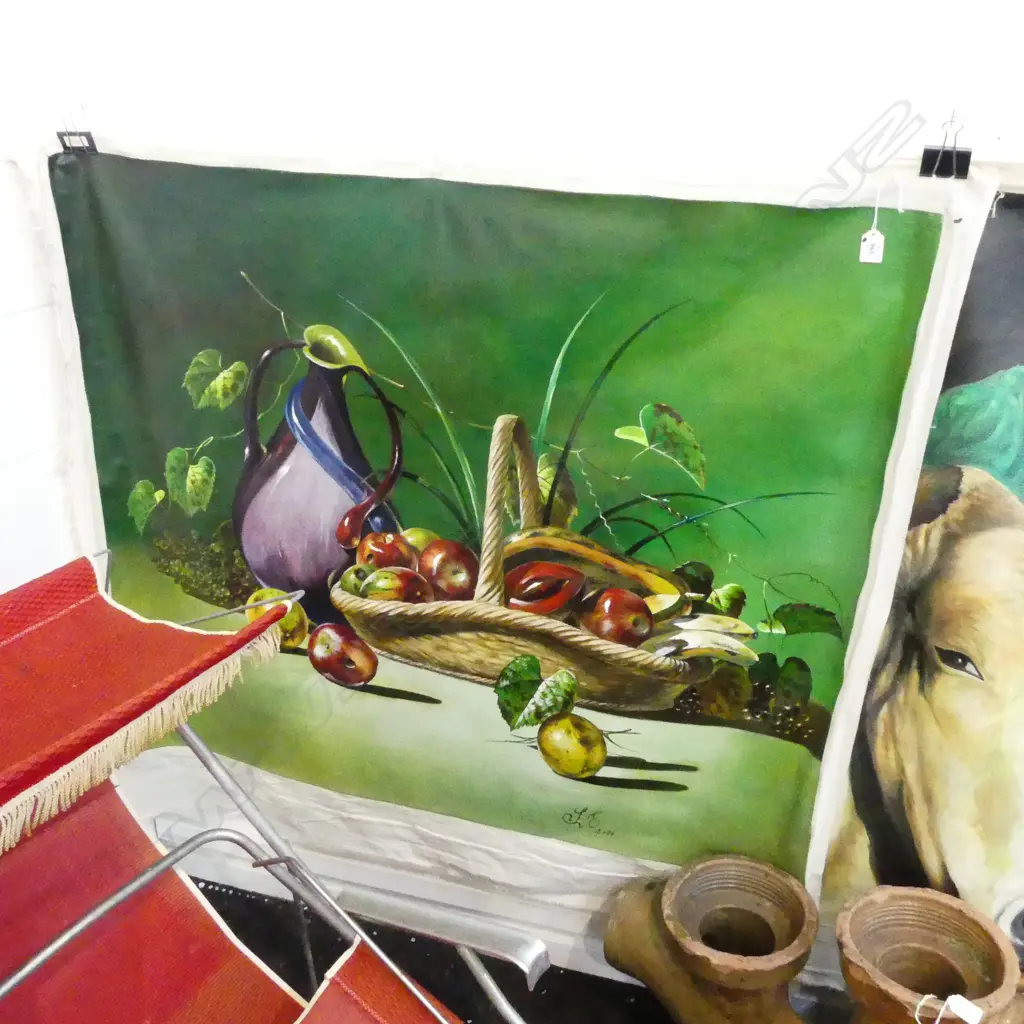 LGE ACRYLIC PAINTING ON UNSTRETCHED CANVAS . STILL LIFE.. EC. CUBA. 970 X 1115mm Image 1++