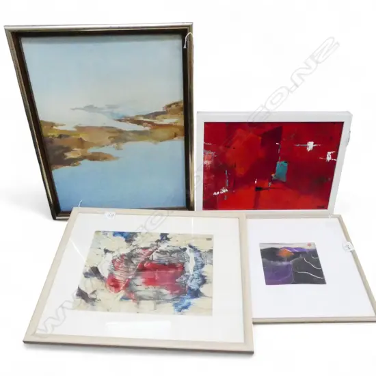 4 ARTWORKS; RED ABSTRACT, DIANA LEE-GOBBITT, REG BELL, UNKNOWN...