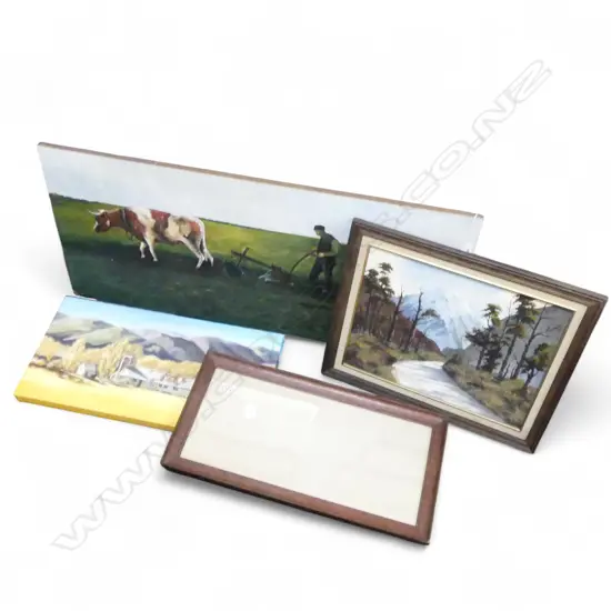 FRAME + 3 ARTWORKS; M. CASSIDY PLOUGHING SCENE ACRYLIC ON BOARD '74 460x1020mm, PAM CLARK 'RURAL NZ' 305x610mm, OTHER