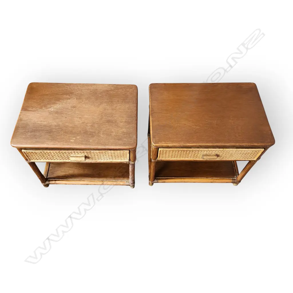 PAIR OF VINTAGE RATTAN AND BAMBOO BEDSIDE TABLES WITH DRAWER Image 1++