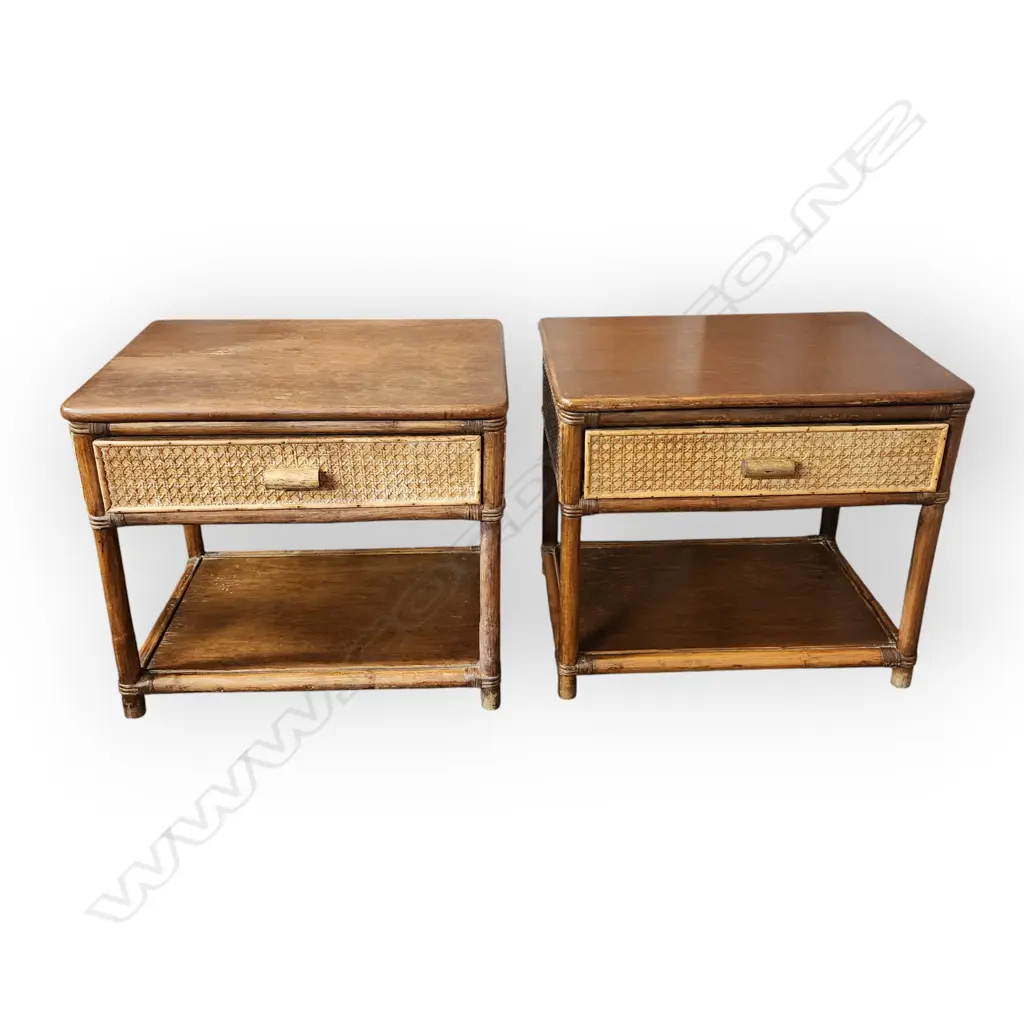 PAIR OF VINTAGE RATTAN AND BAMBOO BEDSIDE TABLES WITH DRAWER Image 1++