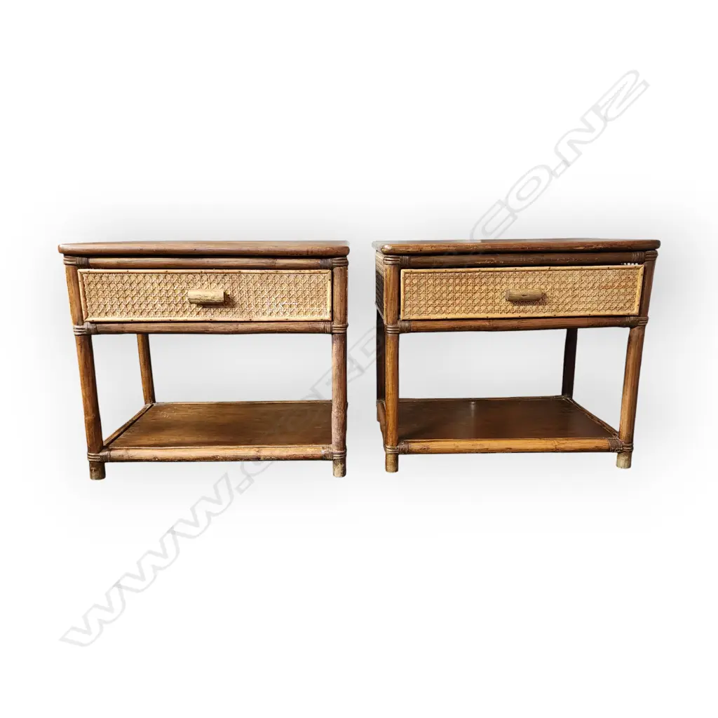 PAIR OF VINTAGE RATTAN AND BAMBOO BEDSIDE TABLES WITH DRAWER Image 1++