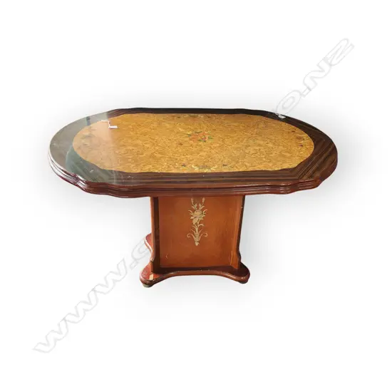 FANCY WOODEN TABLE SOME PRINTED DETAILS - BASE CHIPPED