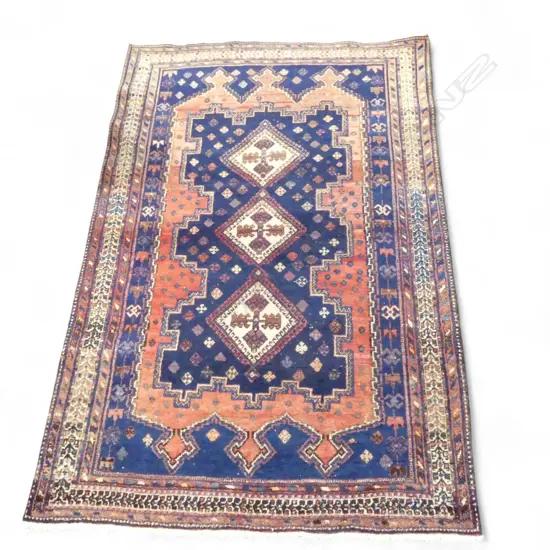 AFSHAR HAND KNOTTED WOOL RUG w. TRIPPLE CONJOINED MEDALIONS & SCATTERED ROSETTE FIELD 2130x1410mm