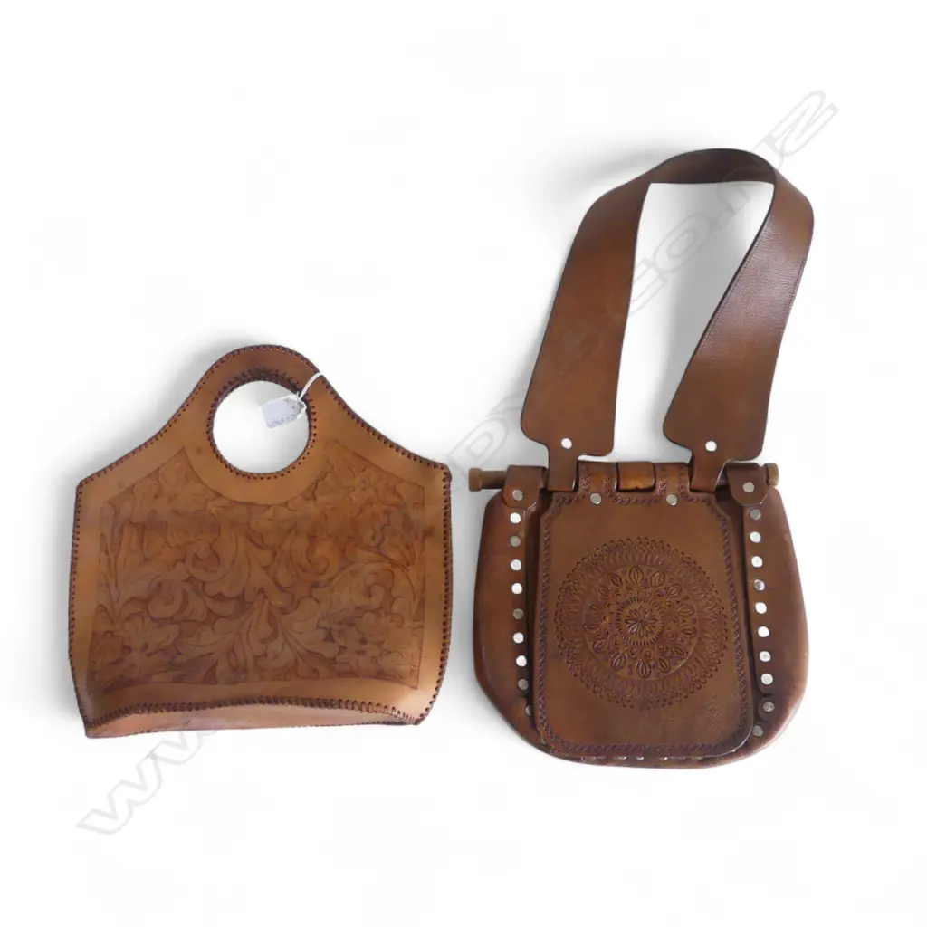2 VINTAGE TOOLED LEATHER BAGS H.355mm Image 1++