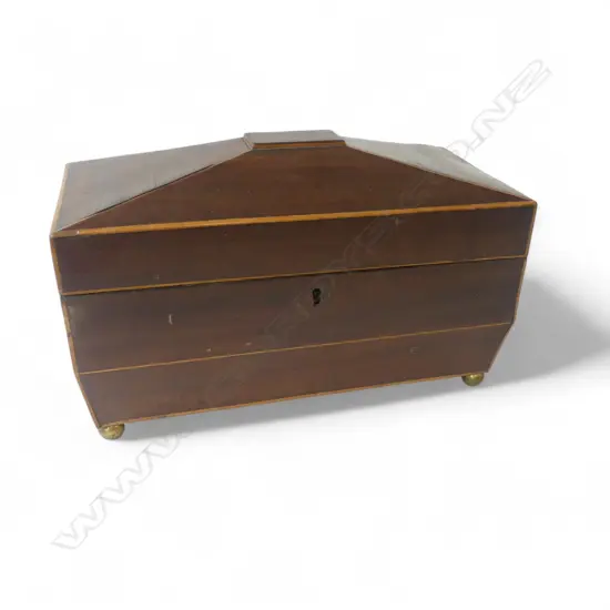 REGENCY SARCOPHAGUS SHAPED TEA CADDY, 2 LIDDED COMPARTMENTS, NO CENTRAL BOWL, L.300mm