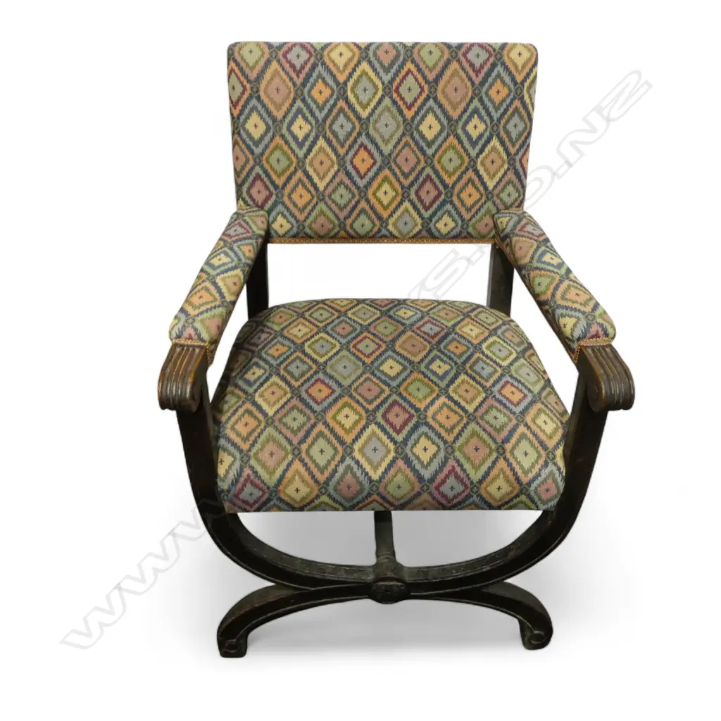 PR OAK EARLY 20thC X-FRAMED ARMCHAIRS w KILIM-STYLE UPHOLSTRY H.950mm Image 1++