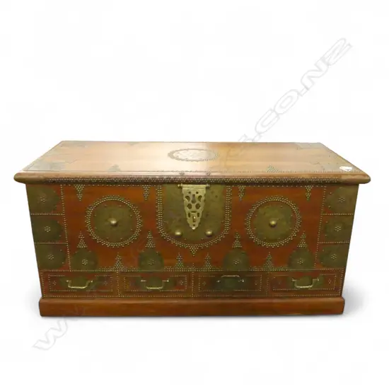 Very Heavy Omani Teak Chest, with cut brass and studded decoration & 4 base drawers. 1200 x 510 x 580mm