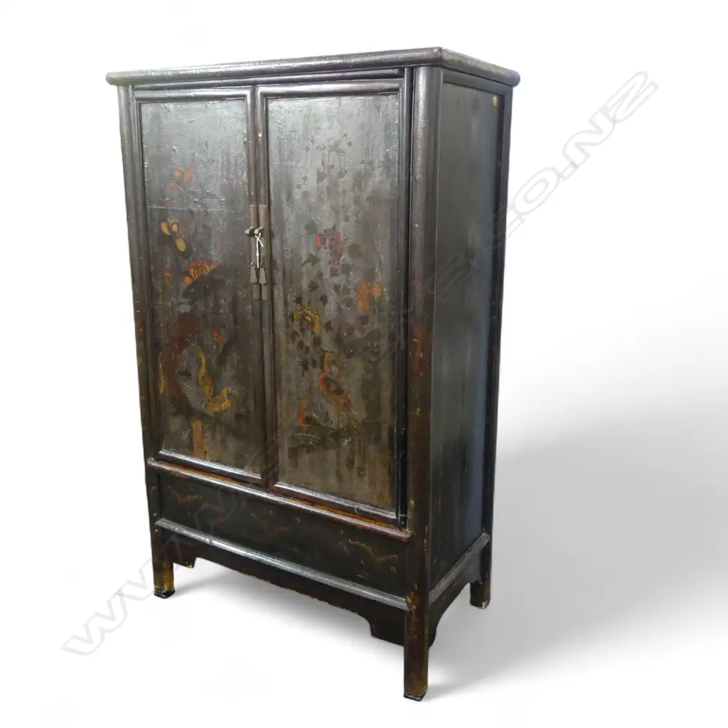 CHINESE LATE QING STANDING CABINET w 2 DOORS w ORIG PAINTED DECORATION (cut out to back panel) 1090 x 570 x 1740mm Image 1++