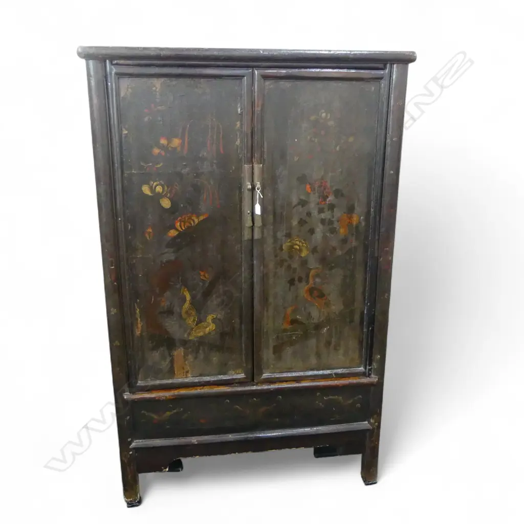 CHINESE LATE QING STANDING CABINET w 2 DOORS w ORIG PAINTED DECORATION (cut out to back panel) 1090 x 570 x 1740mm Image 1++