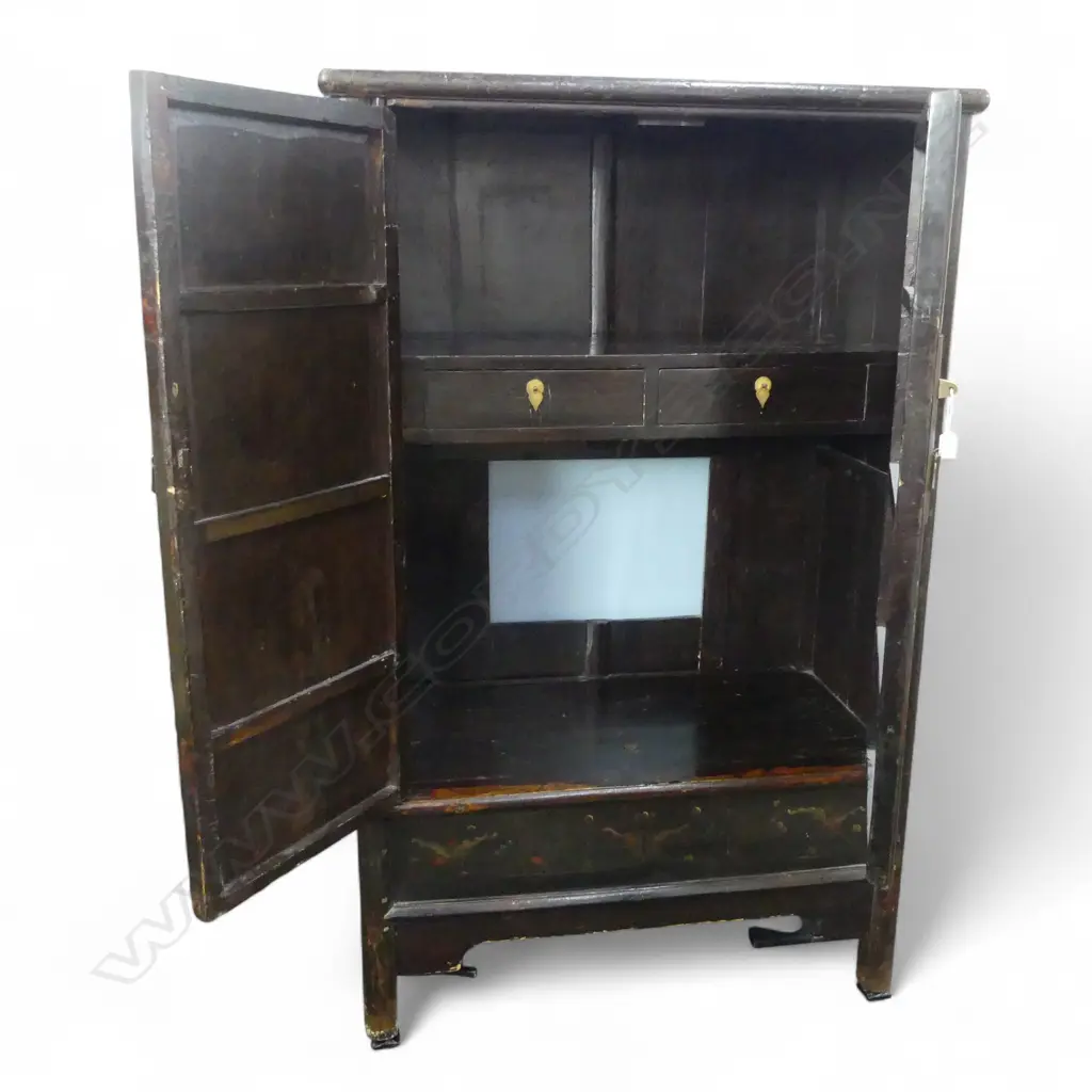 CHINESE LATE QING STANDING CABINET w 2 DOORS w ORIG PAINTED DECORATION (cut out to back panel) 1090 x 570 x 1740mm Image 1++