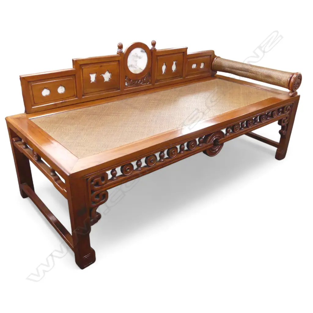 Opium Bed with marble panels and rattan base and pillow, Zhejiang province, c.1895 1930 x 830 x 980mm Image 1++