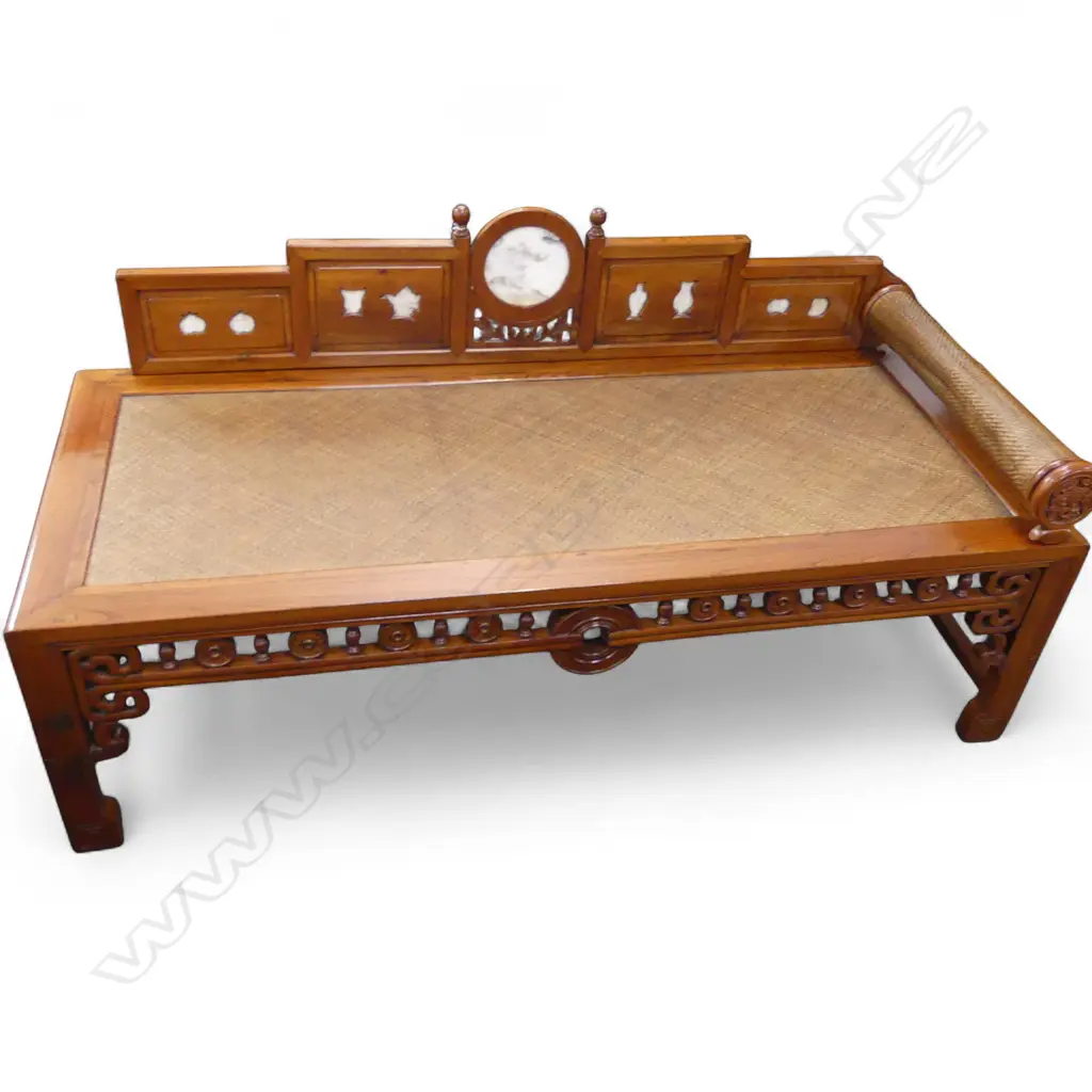 Opium Bed with marble panels and rattan base and pillow, Zhejiang province, c.1895 1930 x 830 x 980mm Image 1++