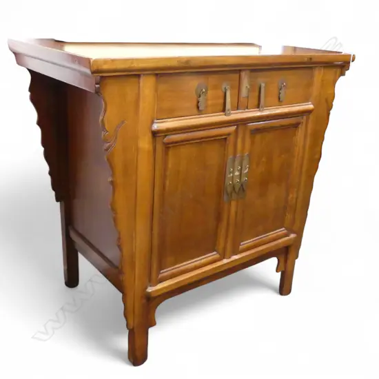 Chinese Standing Cabinet with carved ends - two doors and two drawers 1000 x 600 x 950mm