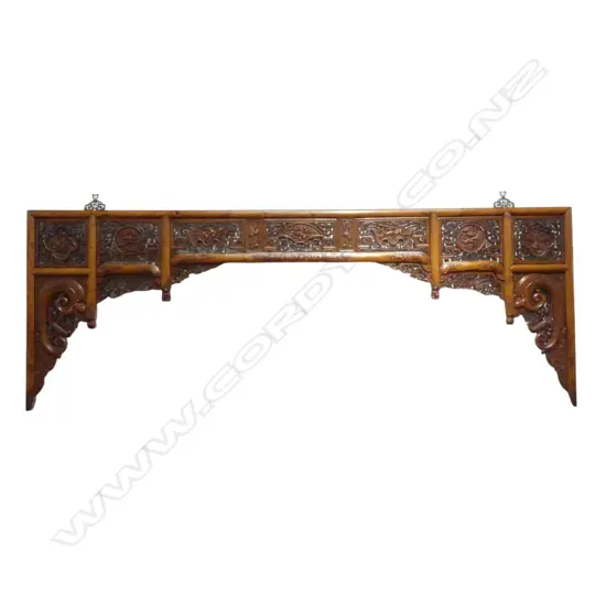 Chinese finely carved headboard in 13 panels in natural pale golden timber colour, Zhejiang province c.1875 740 x 2010mm