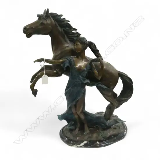 BRONZE SCULPTURE, WOMAN & HORSE H.550mm