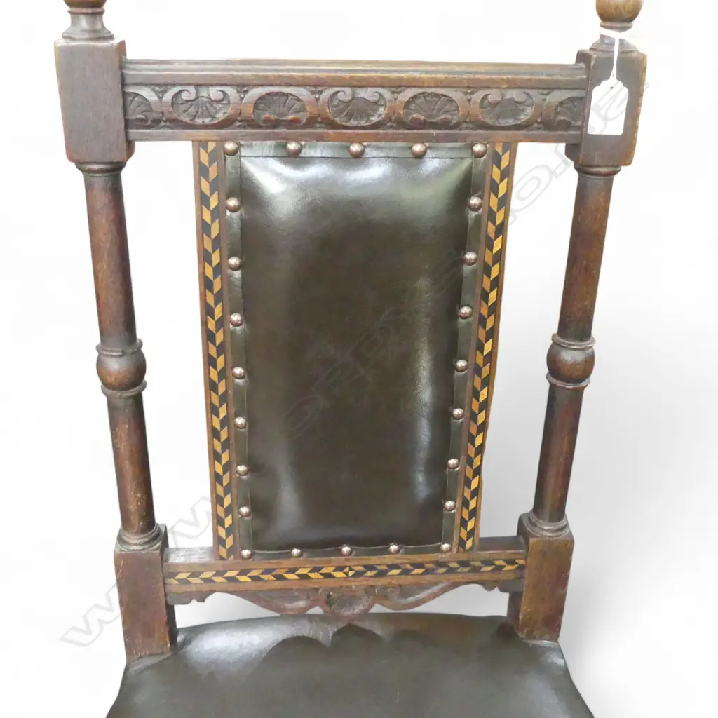 PR EARLY 20thC INLAID OAK DINING CHAIRS w. LEATHER UPHOLSTERY Image 1++