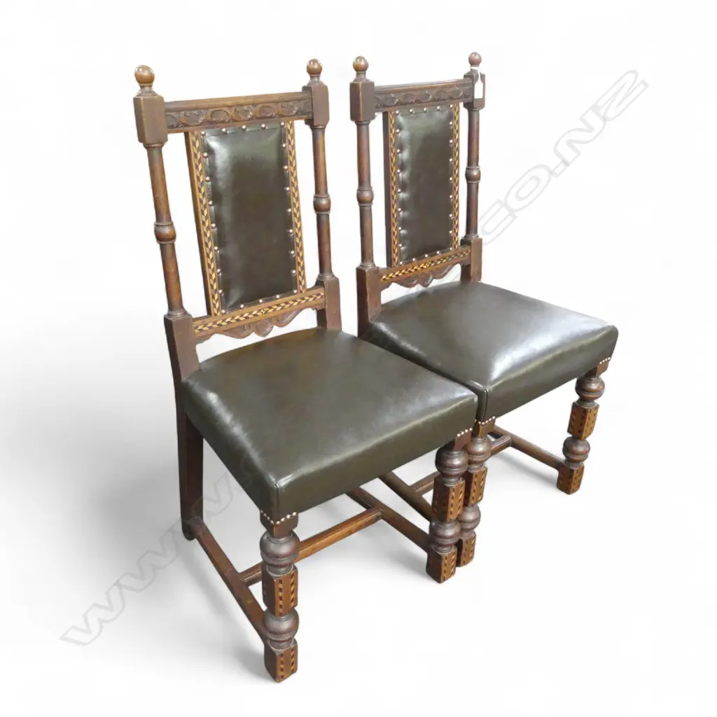 PR EARLY 20thC INLAID OAK DINING CHAIRS w. LEATHER UPHOLSTERY Image 1++