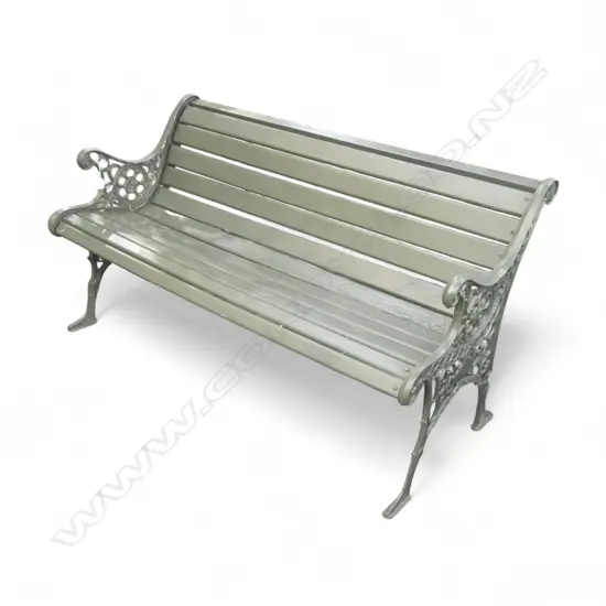 GREEN PAINTED GARDEN BENCH, CAST IRON ENDS W.1270mm