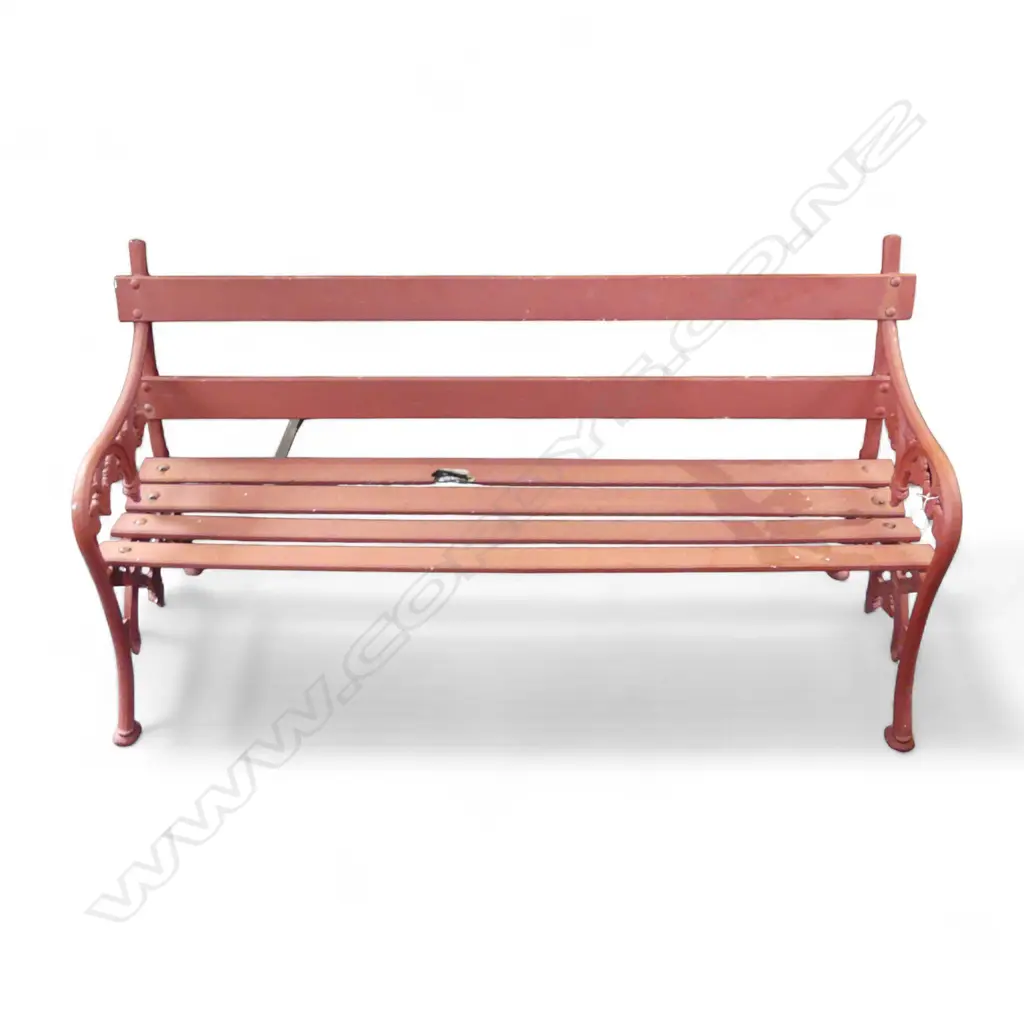 ANTIQUE RED PAINTED GARDEN BENCH w. CAST IRON ENDS W.1585mm Image 1++
