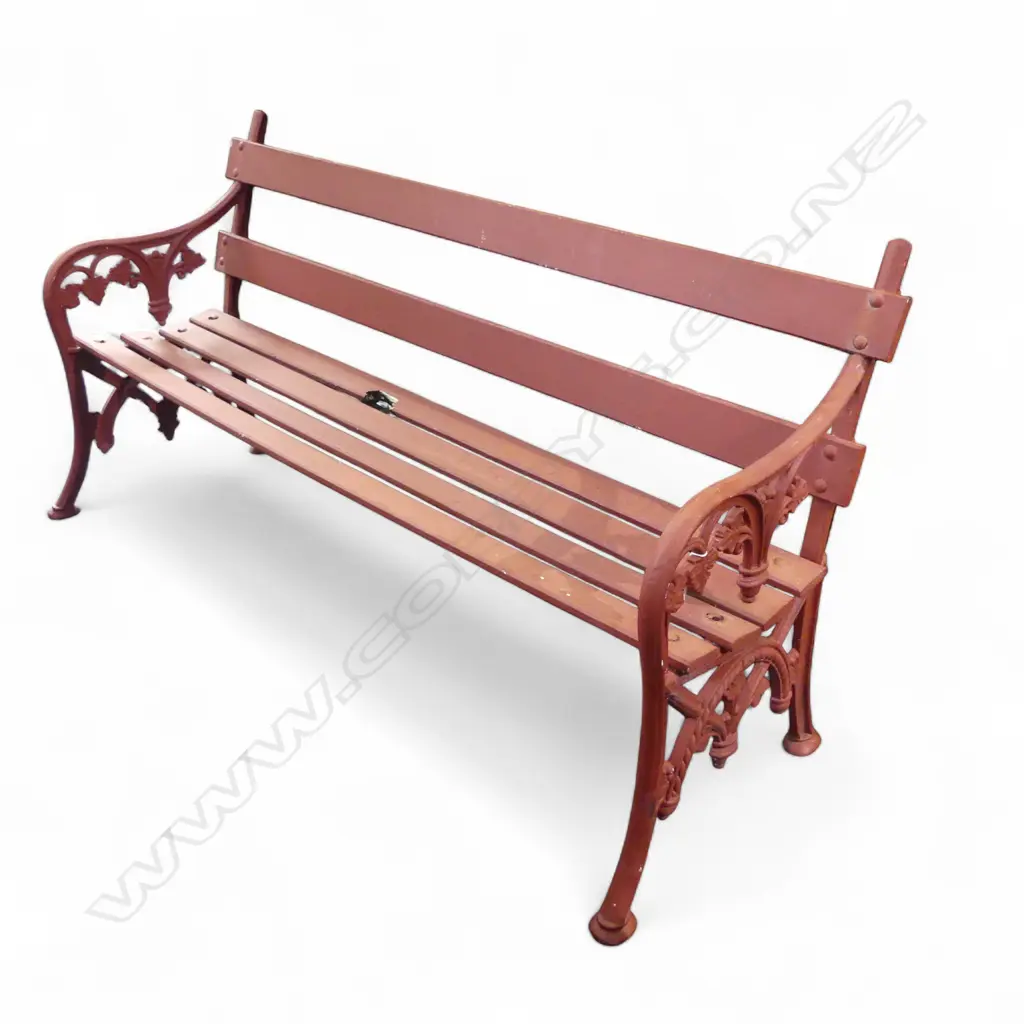 ANTIQUE RED PAINTED GARDEN BENCH w. CAST IRON ENDS W.1585mm Image 1++