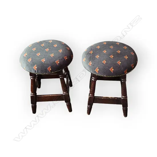 HEAVY PAIR OF VINTAGE WOODEN STOOLS – DARK WOOD WITH BLUE UPHOLSTERED SEATS AND STUDDED TRIM