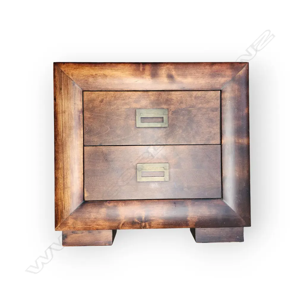 WOODEN NIGHTSTAND - TWO DRAWERS WITH RECTANGULAR BRASS HANDLES - BURNED MARK ON TOP Image 1++
