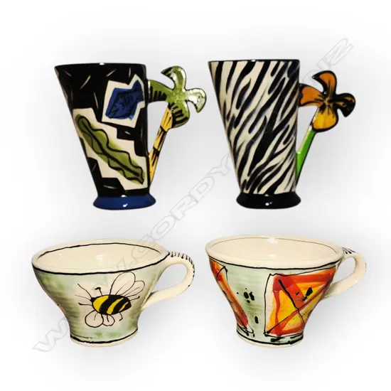 SET OF FOUR HANDCRAFTED CUPS BY NEW ZEALAND CERAMIC ARTISTS PETER HENDERSON AND VALESKA CAMPION