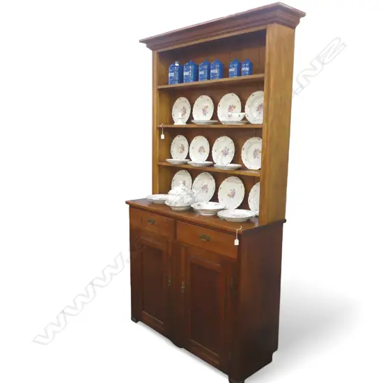 Open plate rack dresser, in two pieces with four shelves top and two drawers and two doors bottom