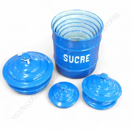6 FRENCH BLUE ENAMEL GRADUATING KITCHEN CONTAINERS H.185mm