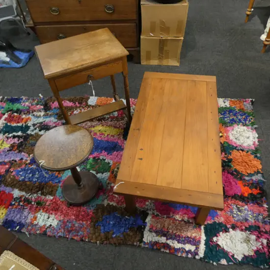 KAURI COFFEE TABLE 980 x 510 x 350mm, OAK OCC TABLE 1 DR, & SML CIRC OCC TABLE. 