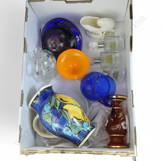 ASST. GLASSWARE, CHINA NAUTALUS & POTTERY JUG etc