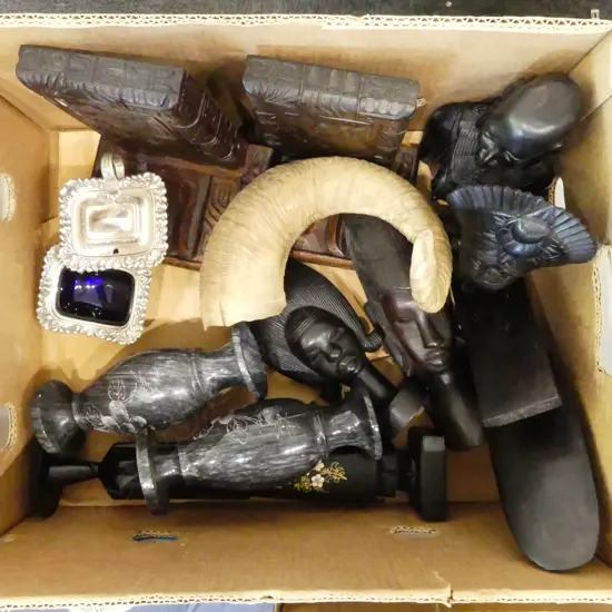 ASST. AFRICAN HARDWOOD BUSTS, BOOKENDS, HORN etc