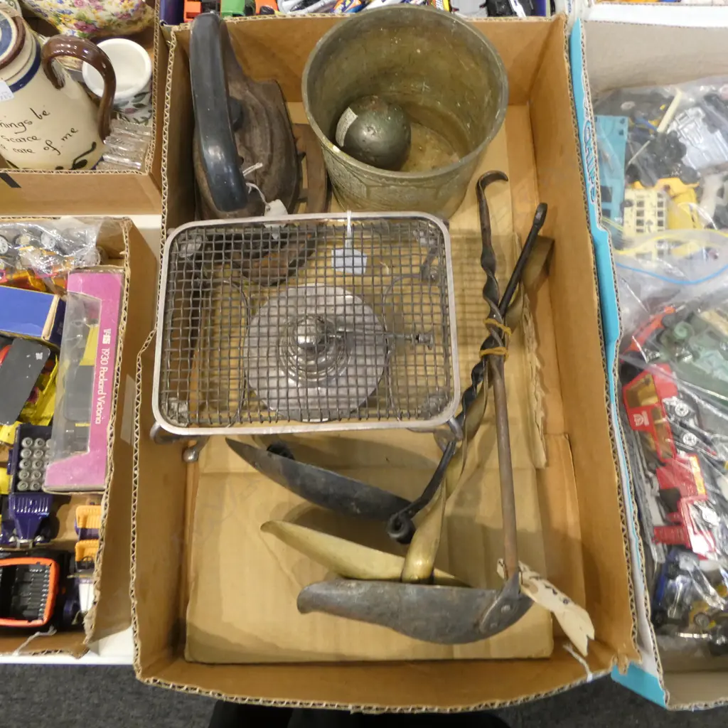 VICT. PLATE FOOD WARMER, ANTIQUE LADLES for filling CROCKS/JARS, LATE 19THC CANNONBALL, WWI TRENCH ART JARDIERE & IRON Image 1++