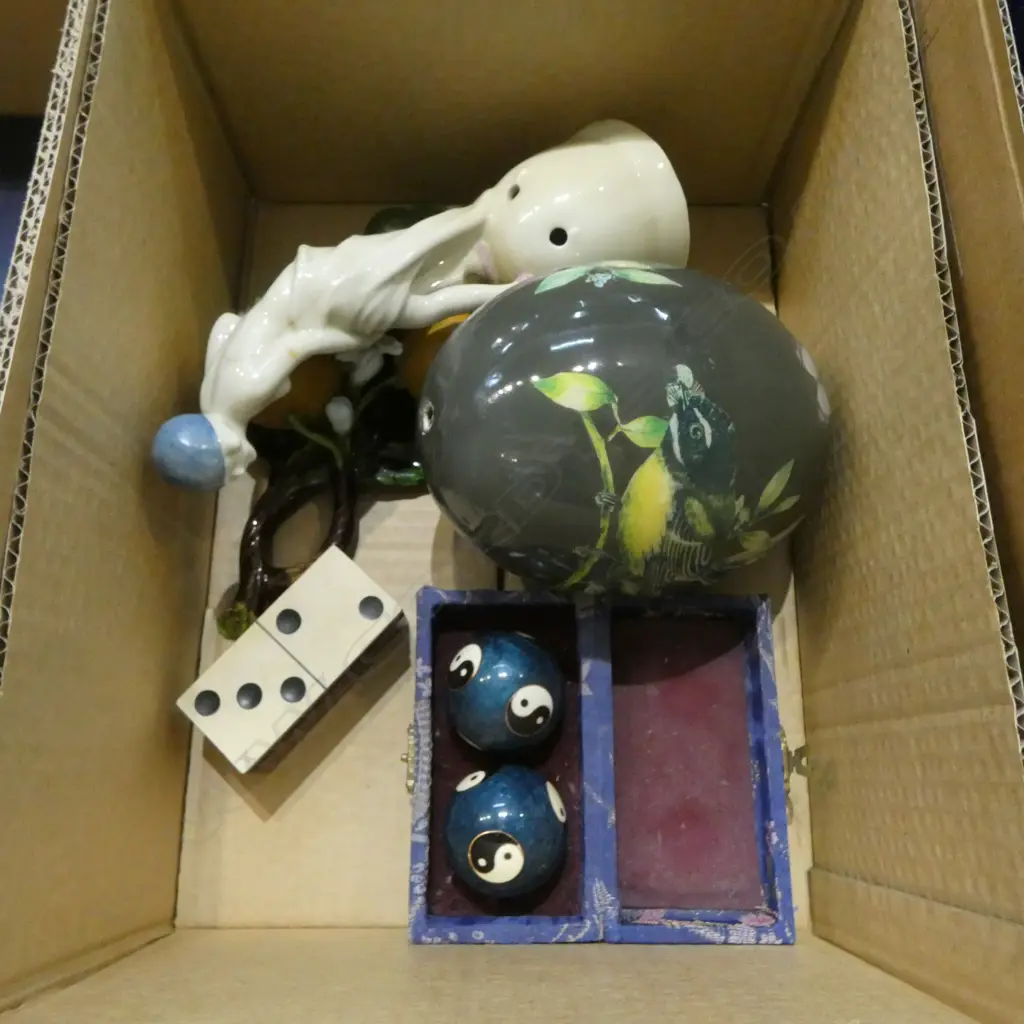 6 ITEMS; BOADING BALLS, MINI WOODEN DOMINOS, DECOUPAGE EGG, GERMAN FIGURINE, ORANGE BRANCH CERAMIC Image 1++
