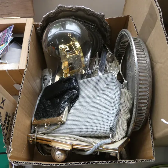 ASST. EP; CUTLERY, TRAYS, DOME CLOCK, 3 MESH EVENING BAGS ETC
