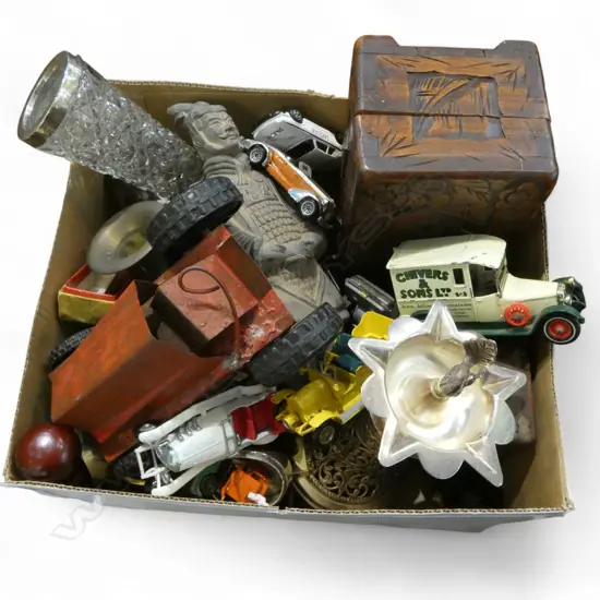 ASST. ITEMS; TERRACOTTA WARRIOR, MODEL CARS, STG SIL RIMMED CRYSTAL VASE, ETC