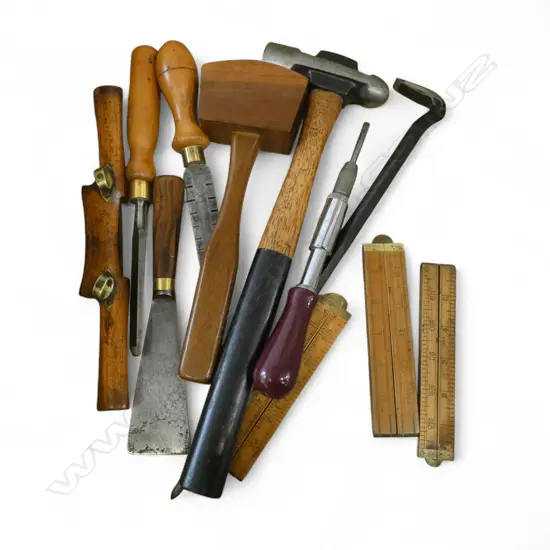 11 ASST. TOOLS; 3 FOLDING RULERS, HAMMER, CROW BAR ETC