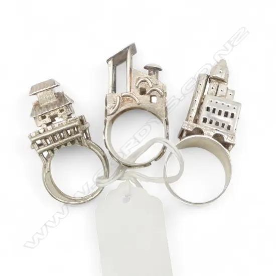 3 VINTAGE DESIGNER SILVER ARCHITECTURAL FORM RINGS 37.10gms