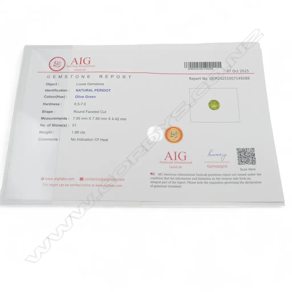 PERIDOT & CZ SILVER RING, AIG CERT SIZE R Image 1++