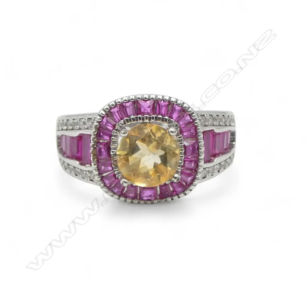 CITRINE SET CENTRE with red/white set stones COSTUME  RING, AIG CERT SIZE P1/2 Image 1++