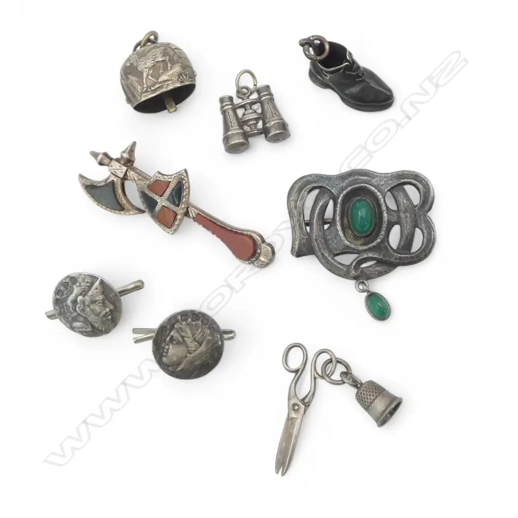 SILVER ART NOUVEAU BROOCH + 4 CHARMS + 2 CLASSICAL BUTTONS + SCOTTISH AXE & SHIELD BROOCH  Image 1++