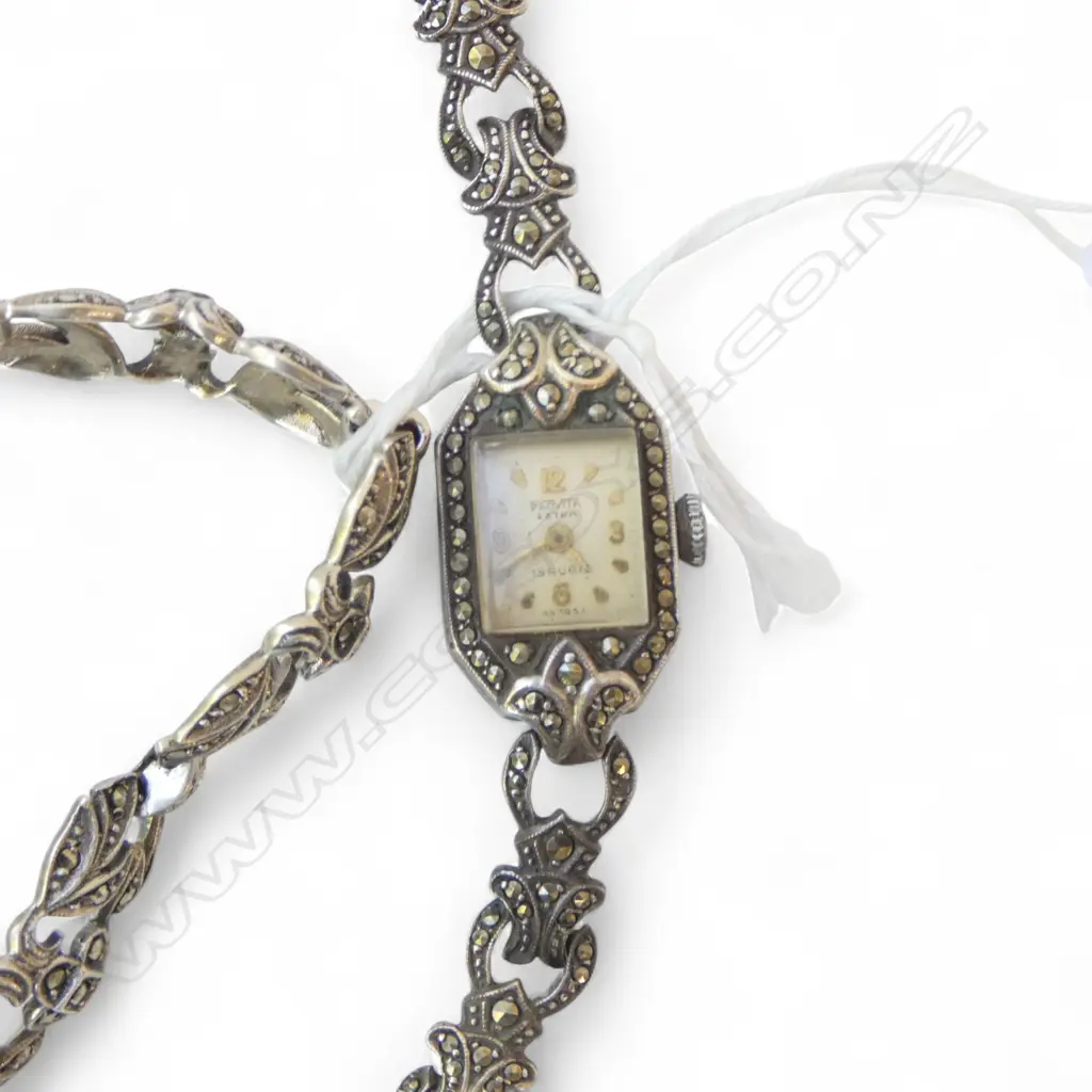 SILVER & MARCASITE VINTAGE BRACELET & WRISTWATCH Image 1++
