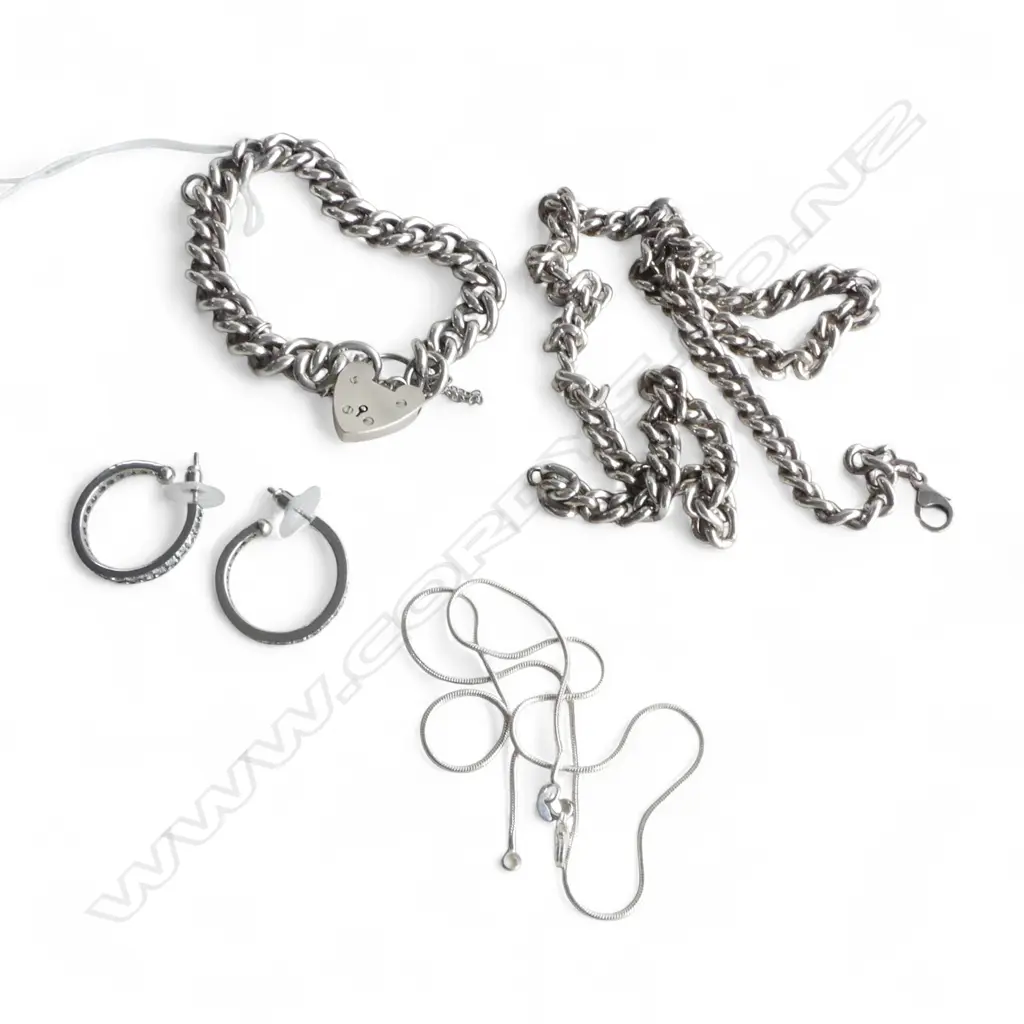 2 STG SILVER NECKLACES + BRACELET, 111gms + PR COSTUME HOOP EARRINGS Image 1++