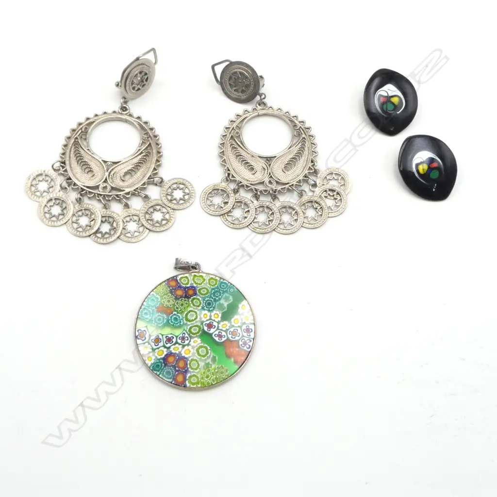 3 JEWELLERY ITEMS: silver & millifiori glass disc pendant + pr Danish enamelled earrings + pr filigree lge earrings Image 1++