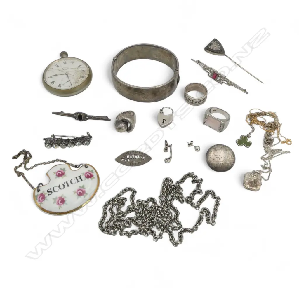 ASST. MAINLY SILVER JEWELLERY + pocket watch + 'SCOTCH' bottle ticket  some faults Image 1++