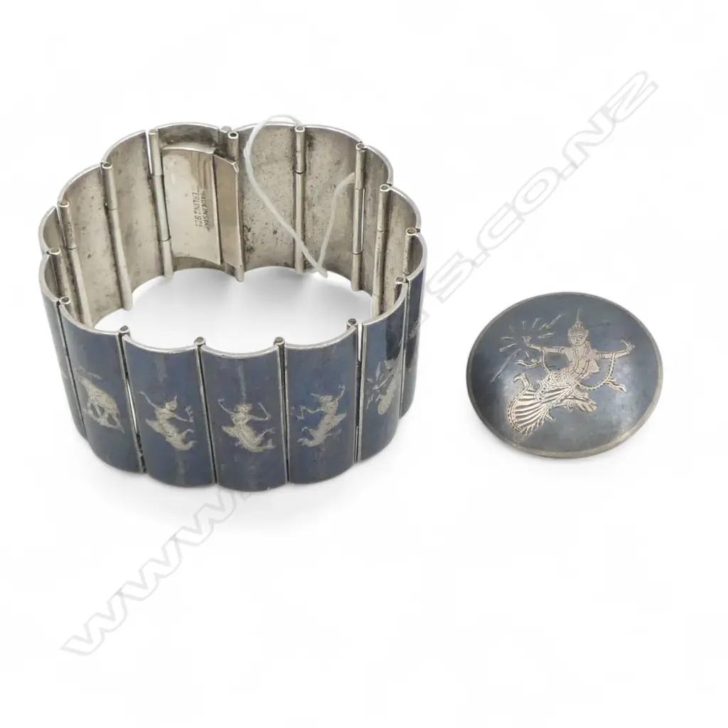 SIAM STG SILVER BRACELET with niello dancing ladies & elephant + BROOCH 70gms Image 1++