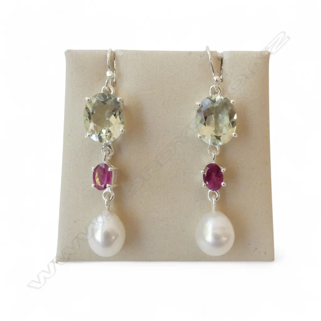 PR SILVER GREEN AMETHYST, PINK TOPAZ & PEARL EARRINGS Image 1++