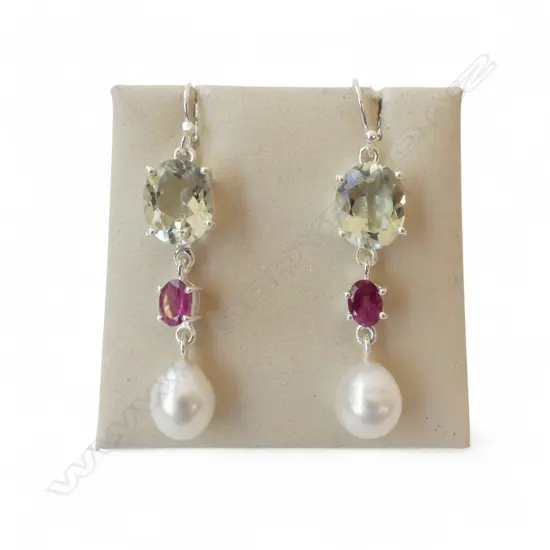 PR SILVER GREEN AMETHYST, PINK TOPAZ & PEARL EARRINGS