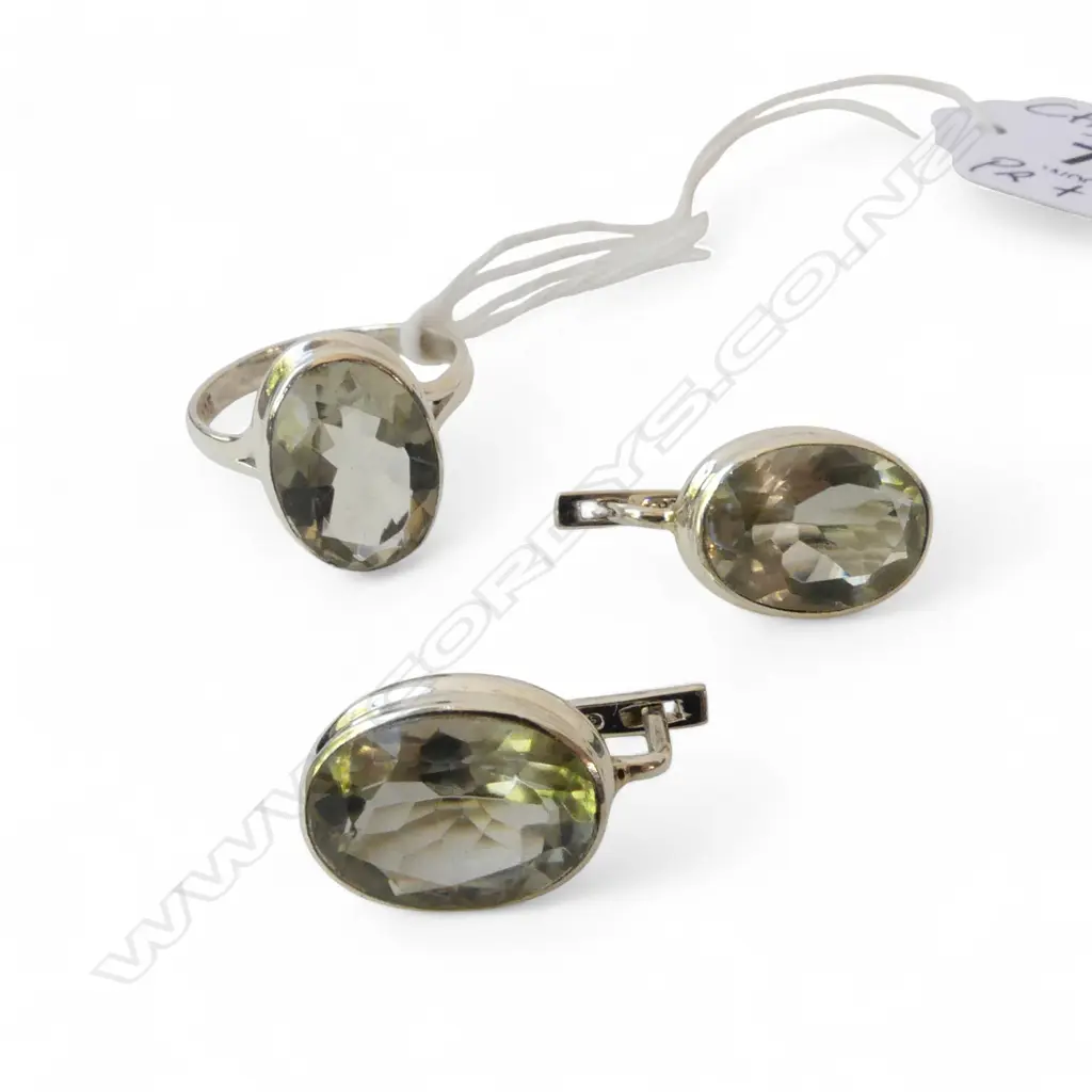 PR SILVER & GREEN AMETHYST EARRINGS w omega backs & MATCHING RING Image 1++